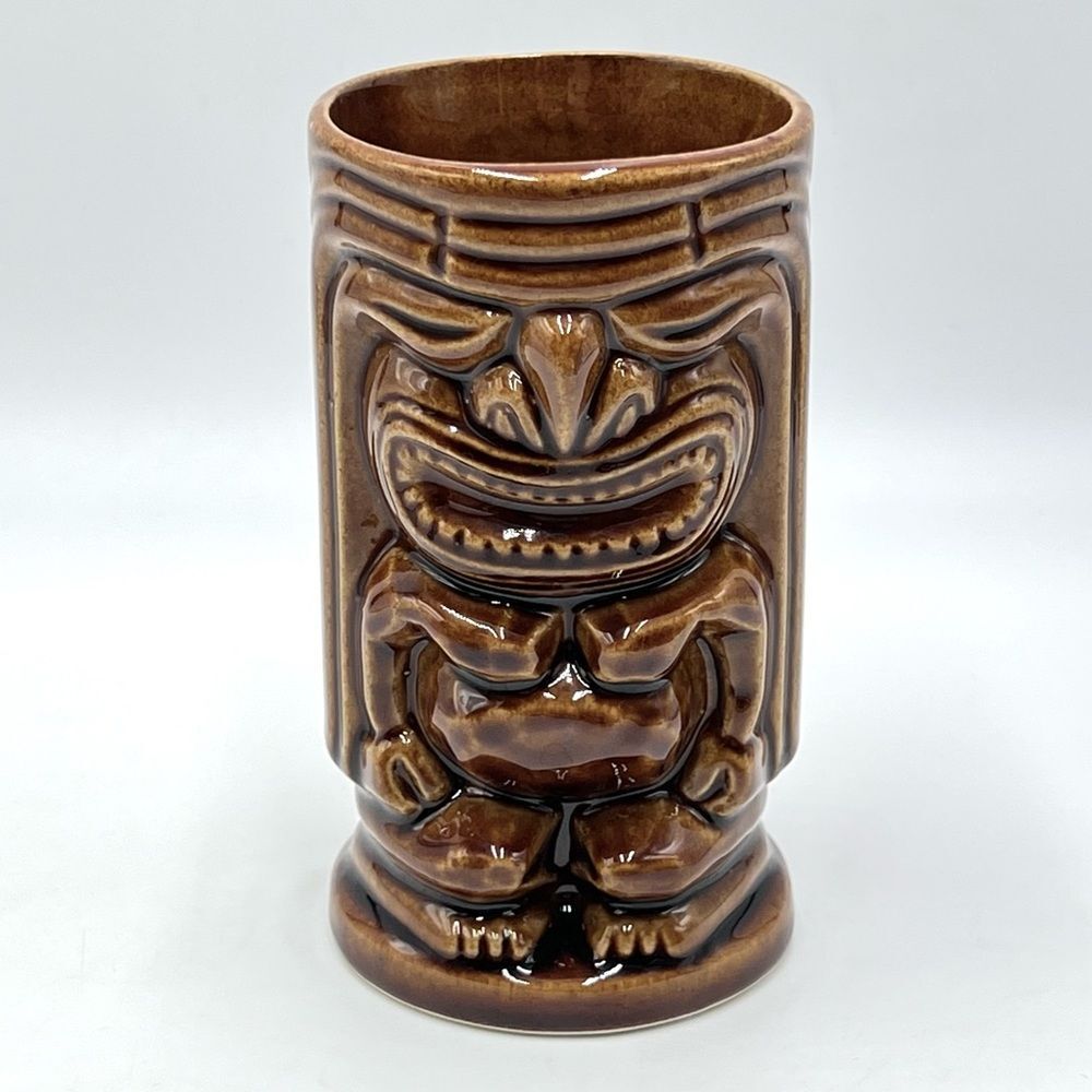 Vintage Tiki Leilani Double Sided Cup Mug Brown Glazed Ceramic Tumbler Barware